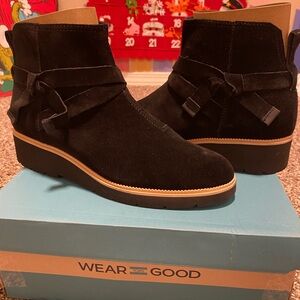 Toms Black Suede Ankle Booties with Bow Detail